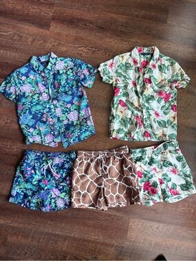 Assorted Tropical Button-Up Shirt & Short Sets - Floral & Giraffe Print